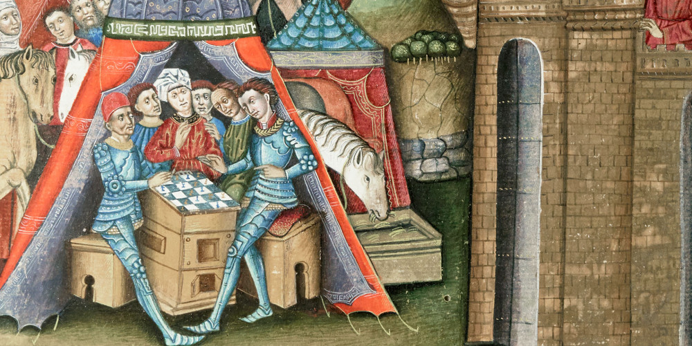 Roman du chevalier Cifar. Miniature de Juan de Carrion. XIVe siècle. Le chevalier Cifar observe le camp ennemi jouer aux échecs